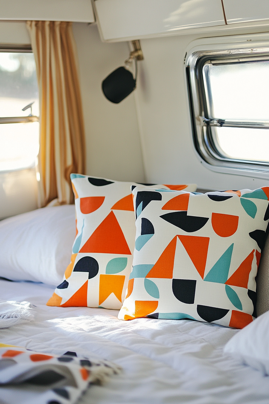 Fall RV Decor. Bauhaus-inspired geometric print pillows.