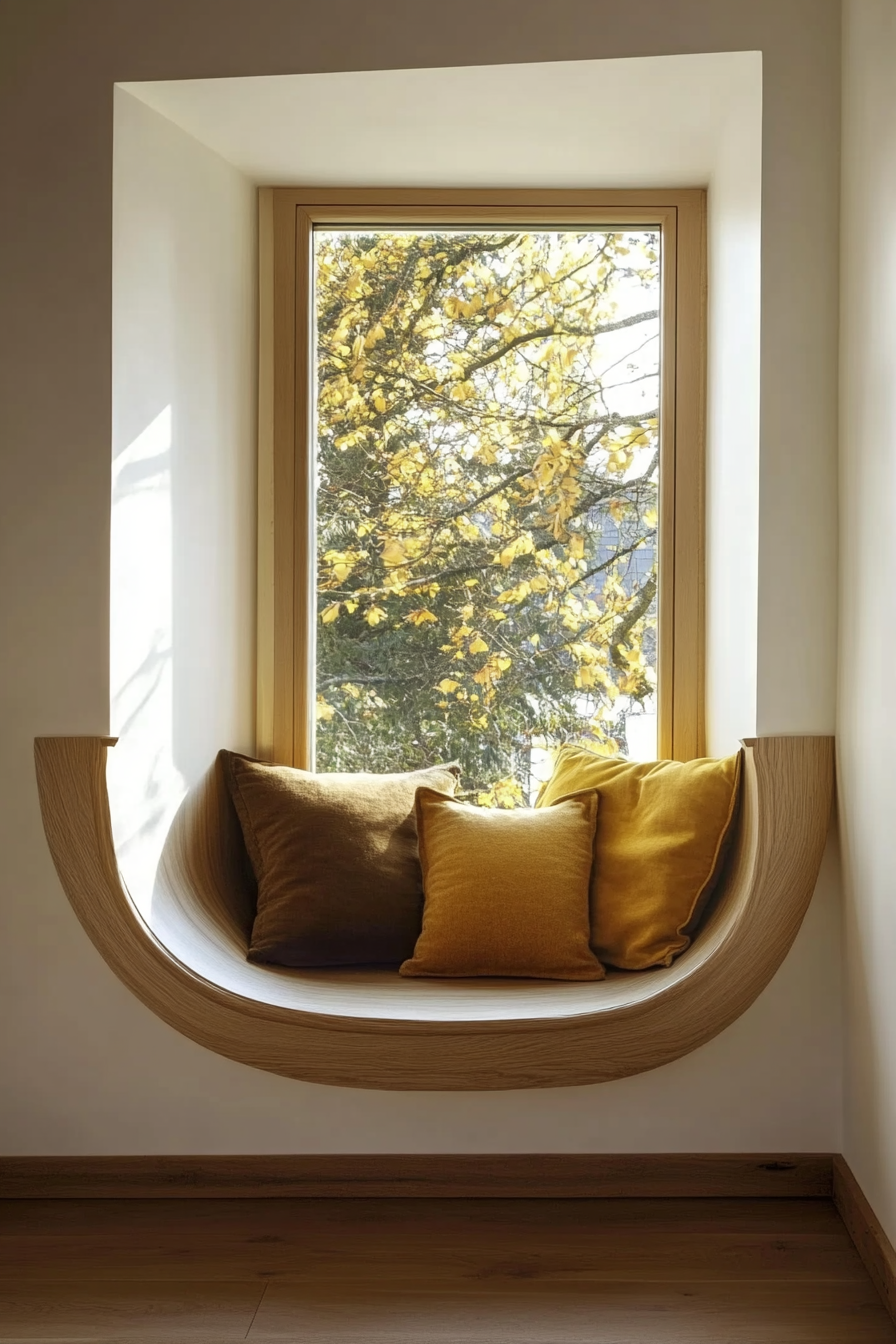 Window alcove concept. Floating bench with hidden storage, adorned with warm, yellow throw pillows.