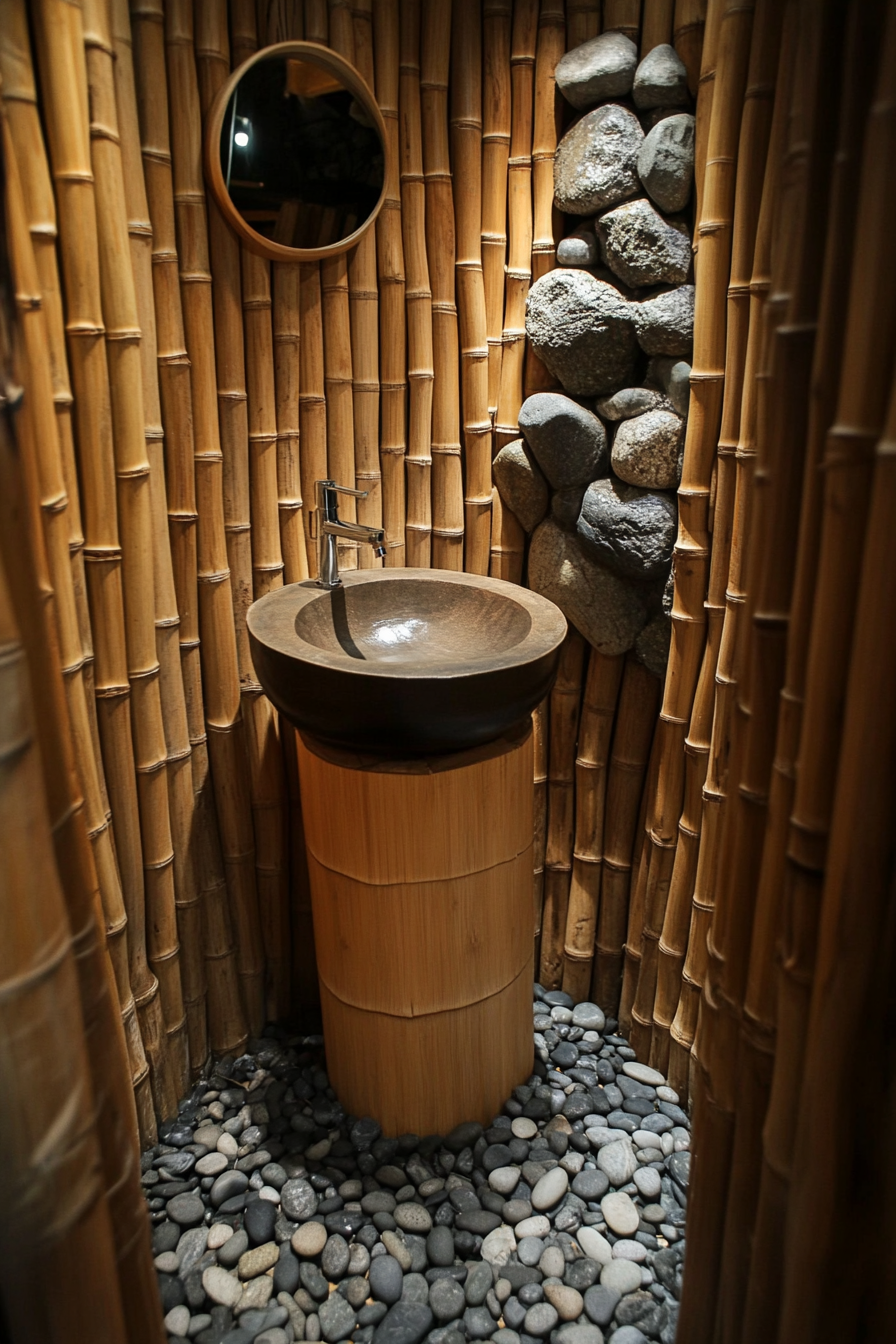 Tiny eco-bathroom concept. Stand alone bamboo sink and river rock shower floor.