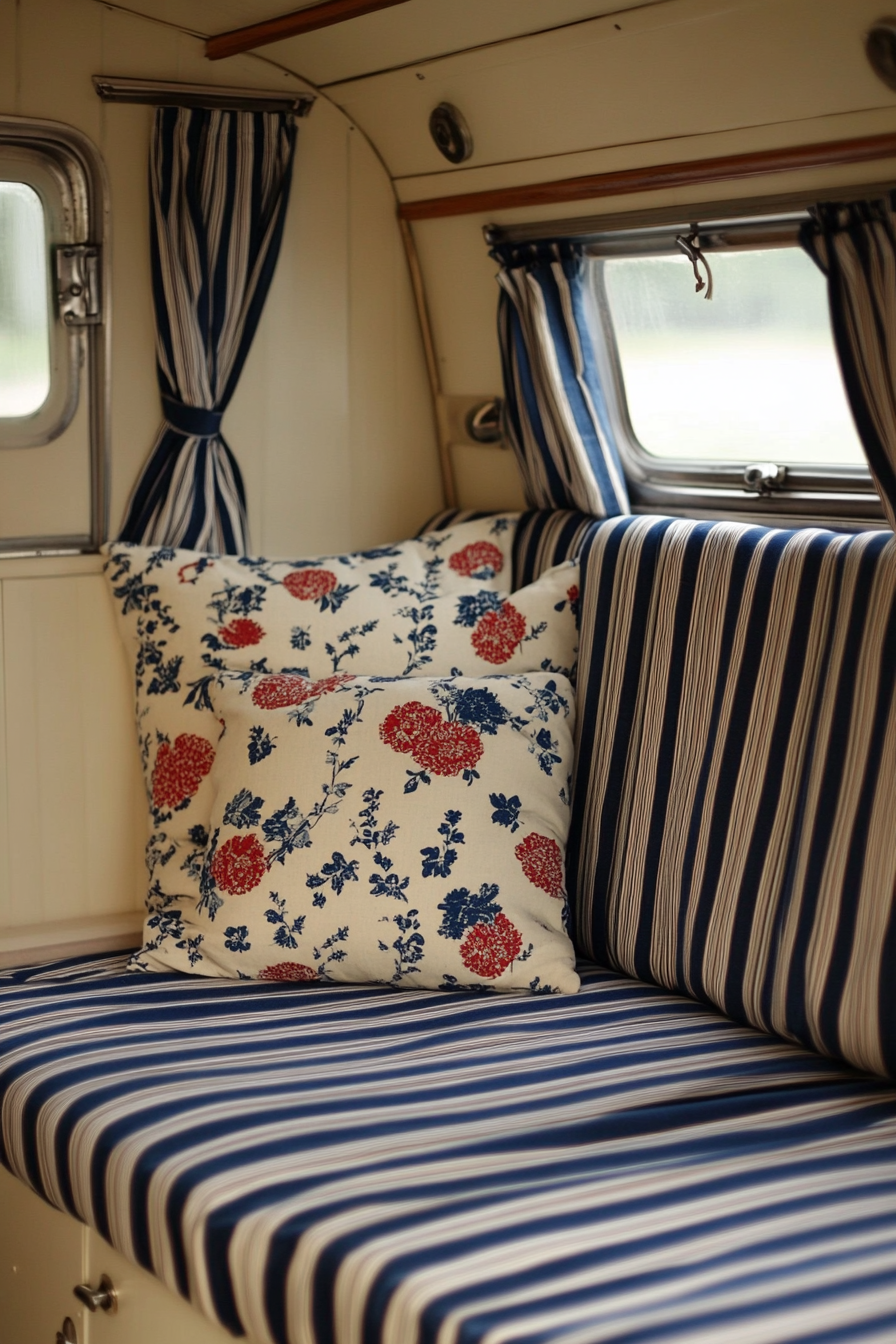 Camper design. Chintz upholstery with navy blue stripes.