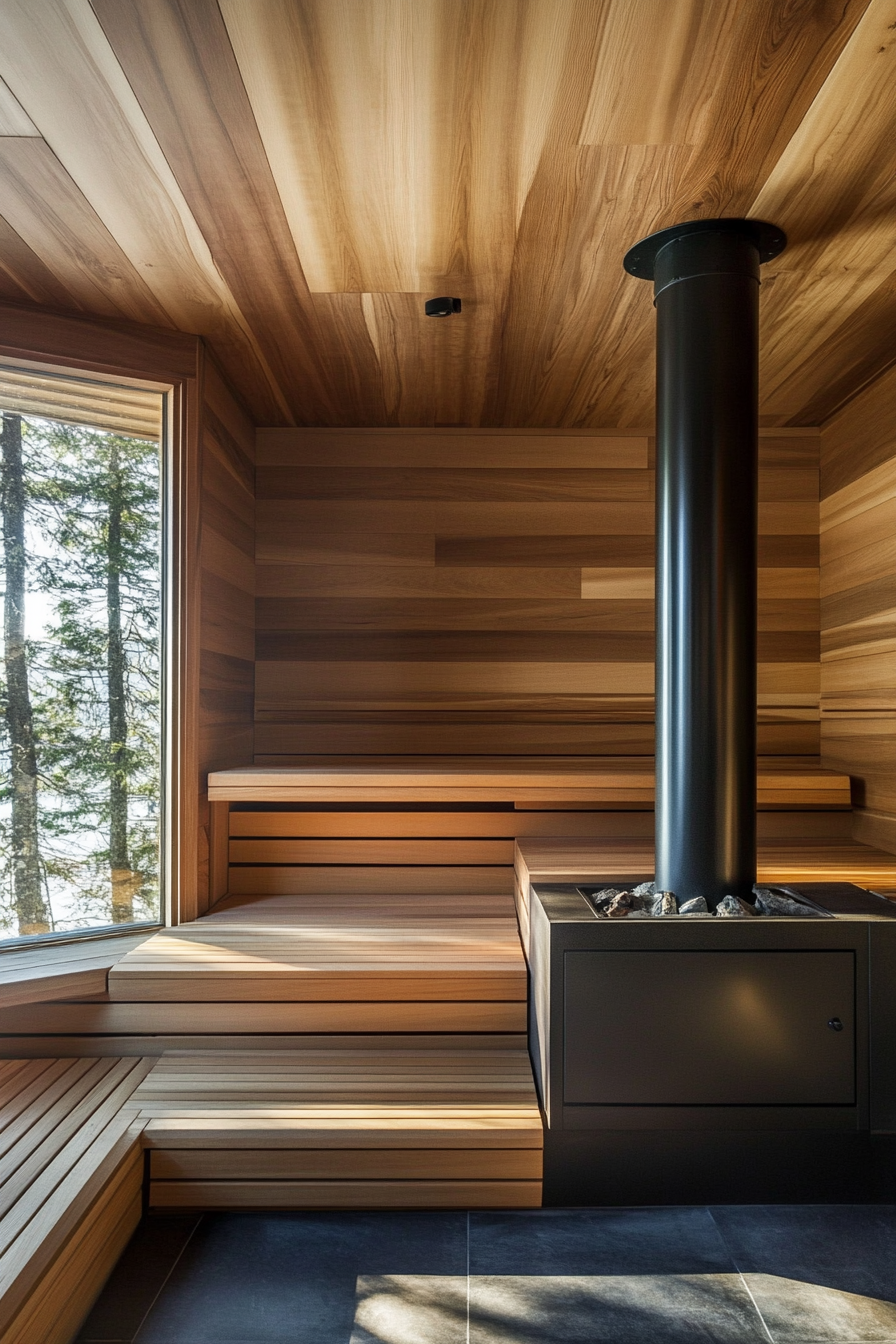 Sauna room design. Cast-iron wood stove near cedar tiered benches.