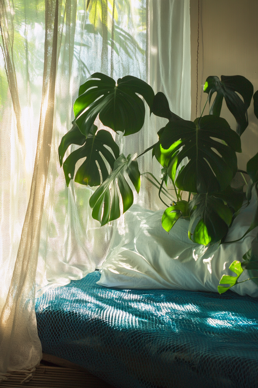 Sleeping nook. Mosquito net drapes and leafy, vivid Monstera plants.