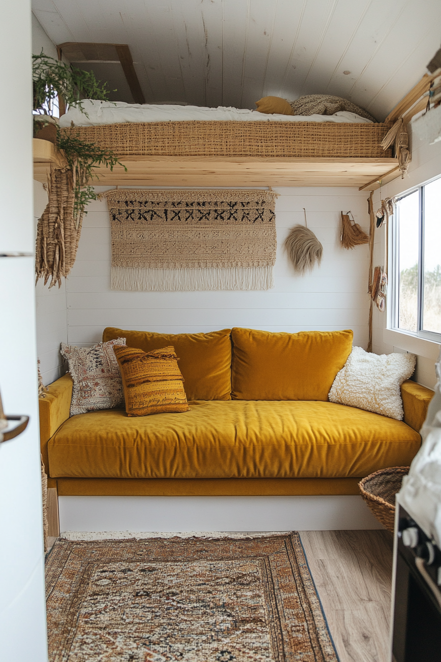 Bohemian tiny home upper level design. Velvet mustard couch against rattan wall.