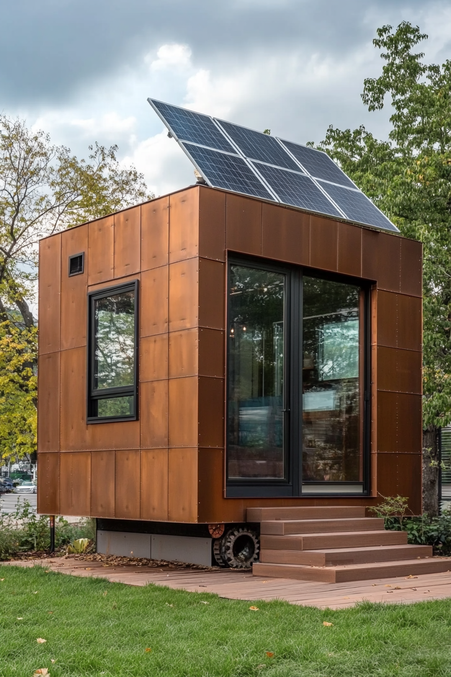 Micro home. Piped bronze wall panels, cogwheel windows, rooftop solar panels.