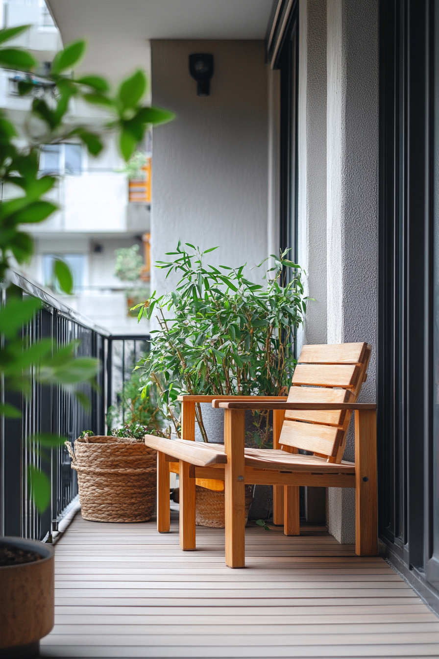 Japandi balcony design. Minimalist wooden furniture with potted bamboo plants.