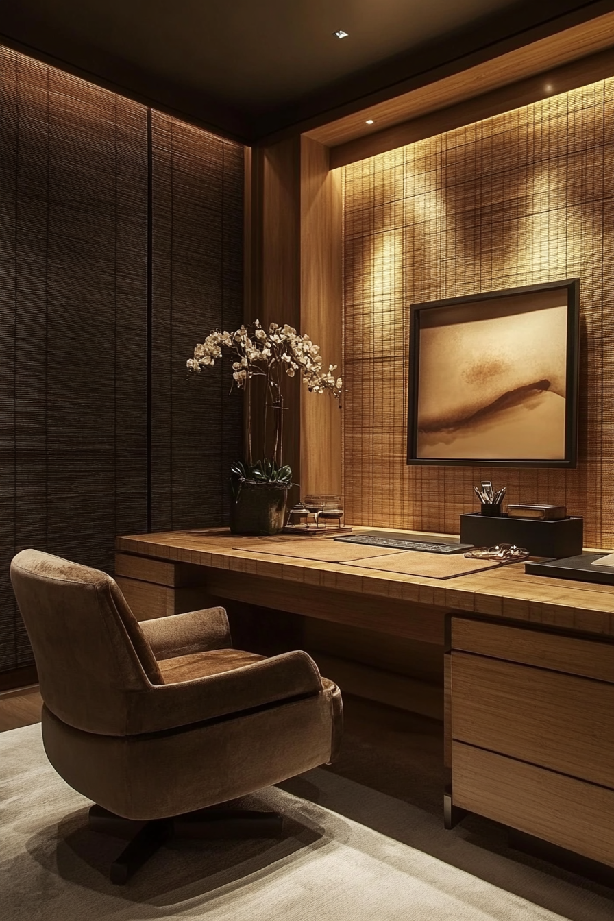 Compact workspace idea. Bamboo desk with taupe suede chair.