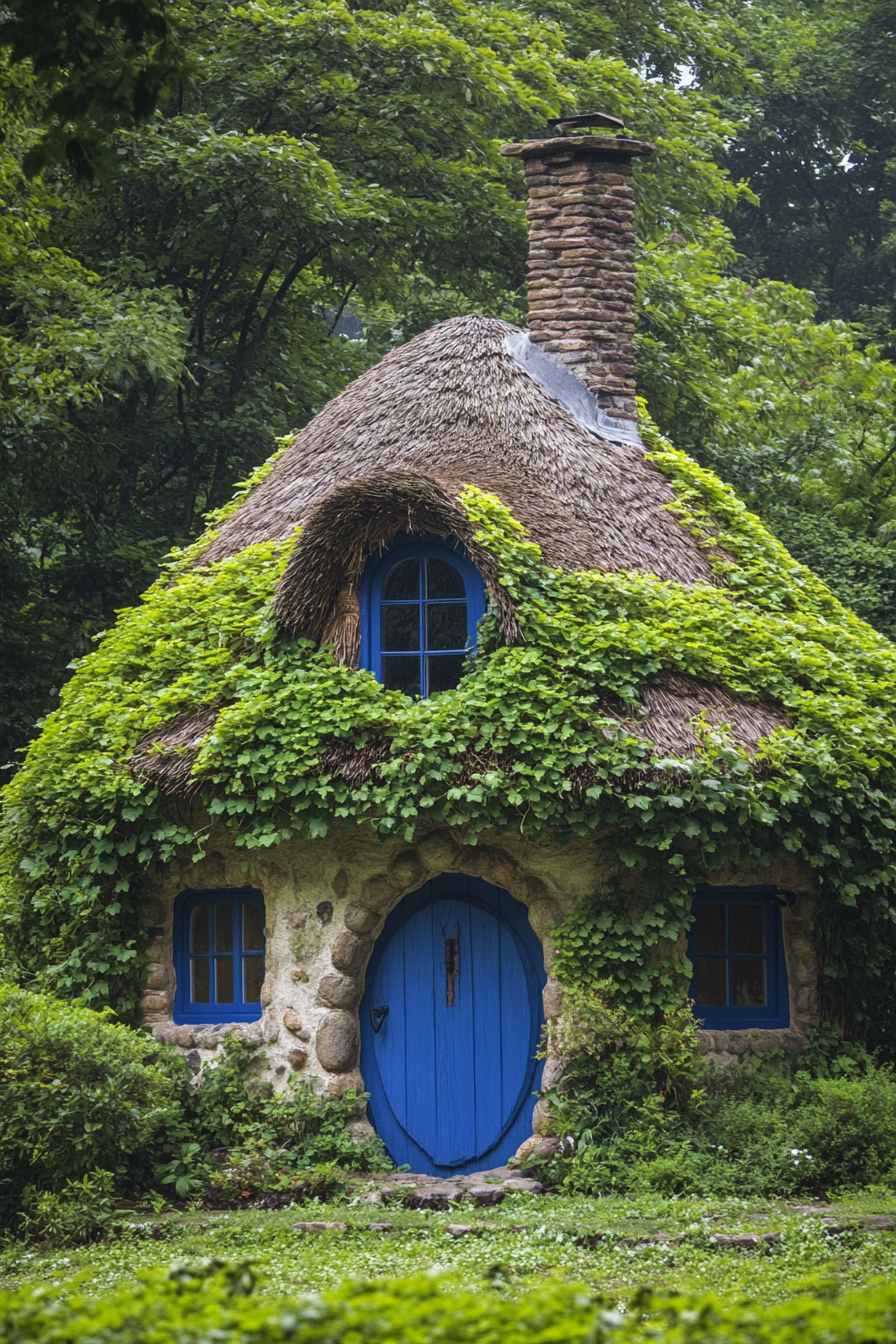 Micro home design. Crooked chimney, cobalt door on a round ivy-clad hut with a thatched roof.