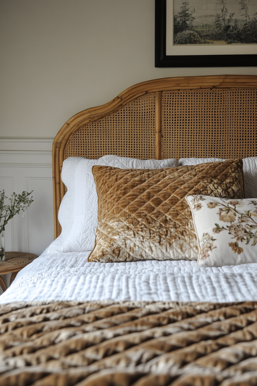 Upper level design. Velvet pieced quilt with rattan headboard.