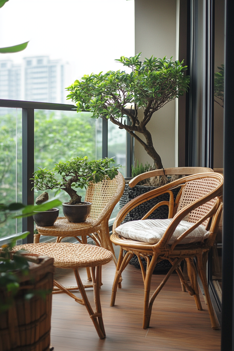 Japandi Balcony design. Minimalist rattan furniture with potted bonsai trees.