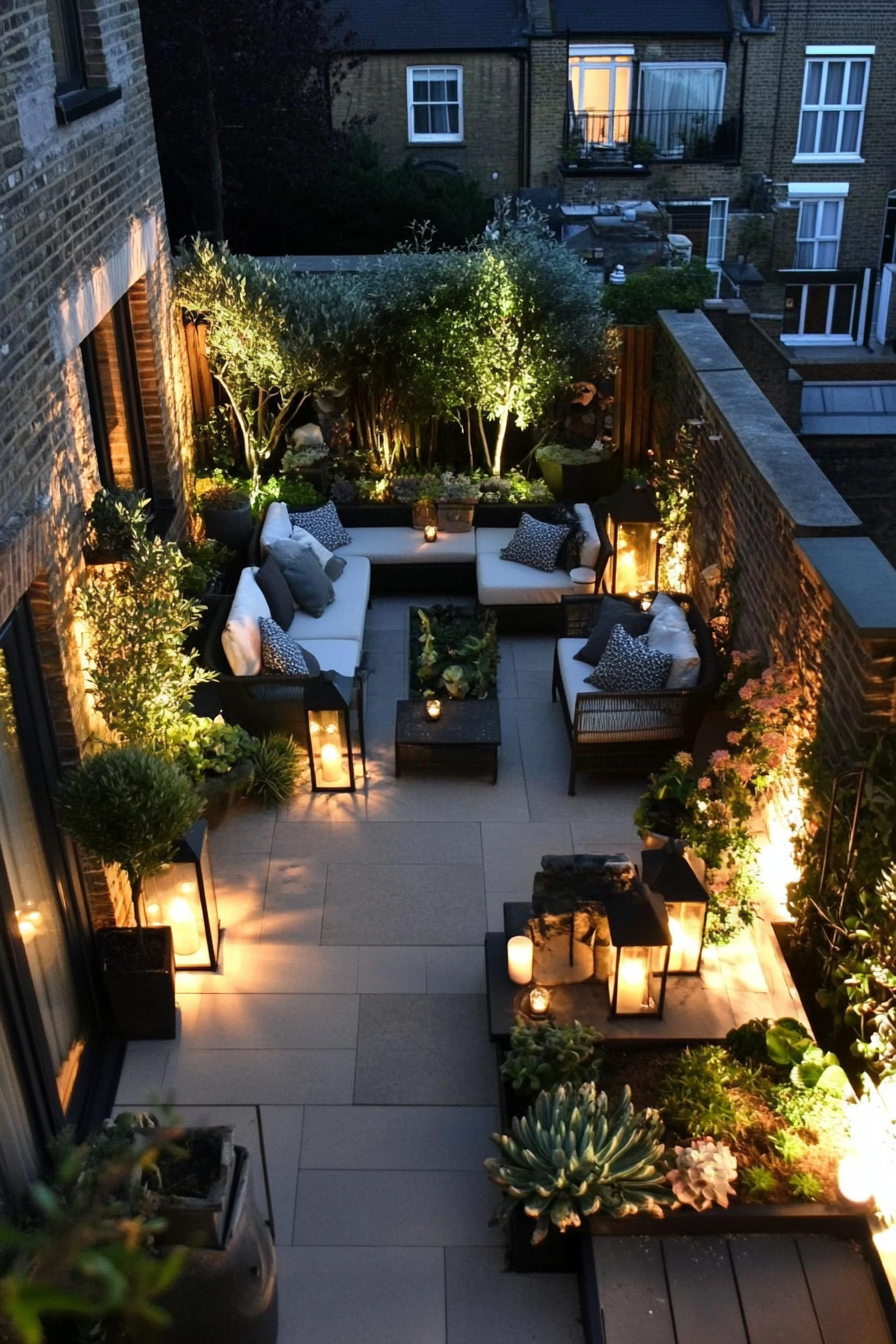 Roof terrace layout. Black and white succulent garden, tiny lantern-lit seating area.