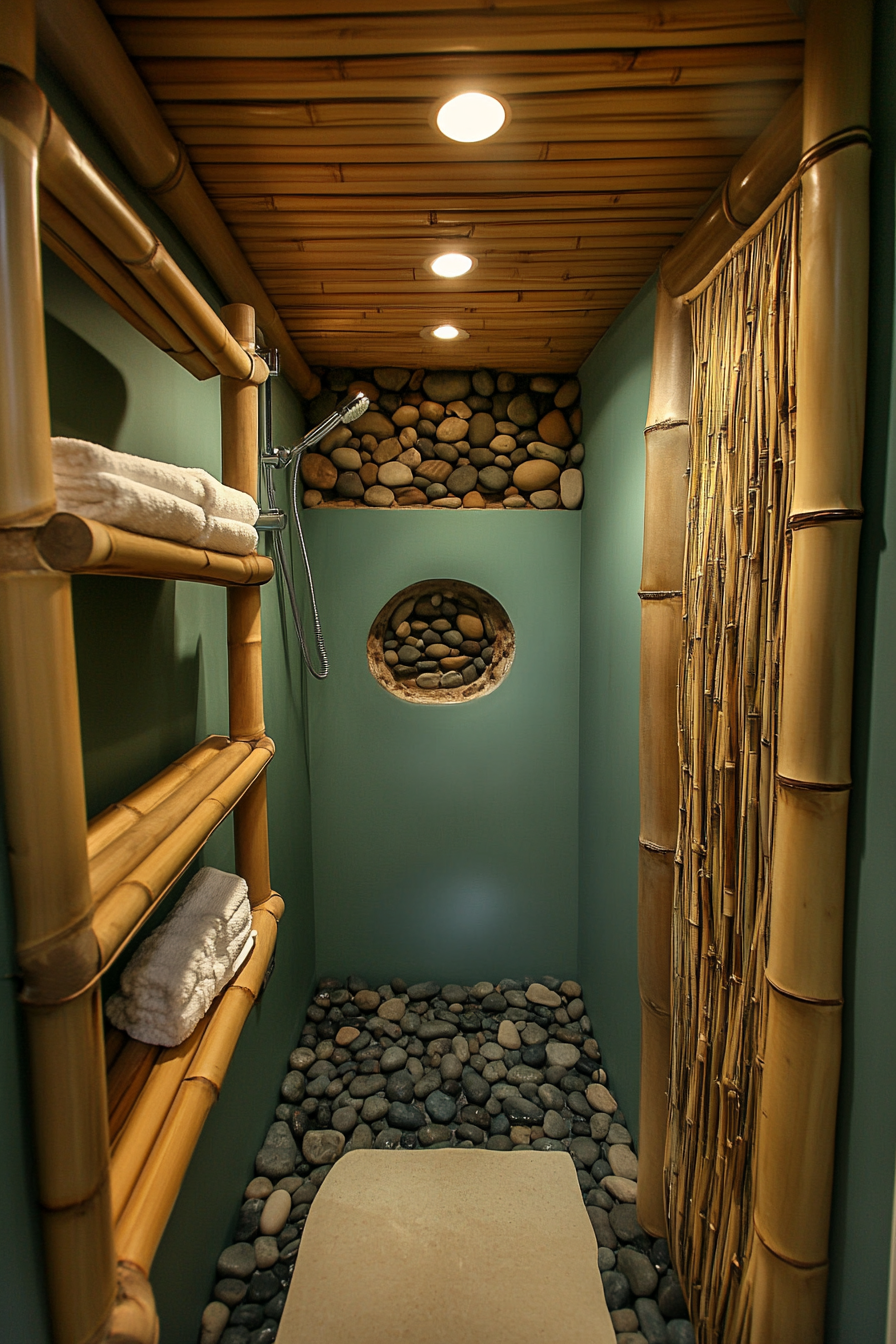 Tiny eco-bathroom concept. Recessed bamboo shelving and river rock lined shower.