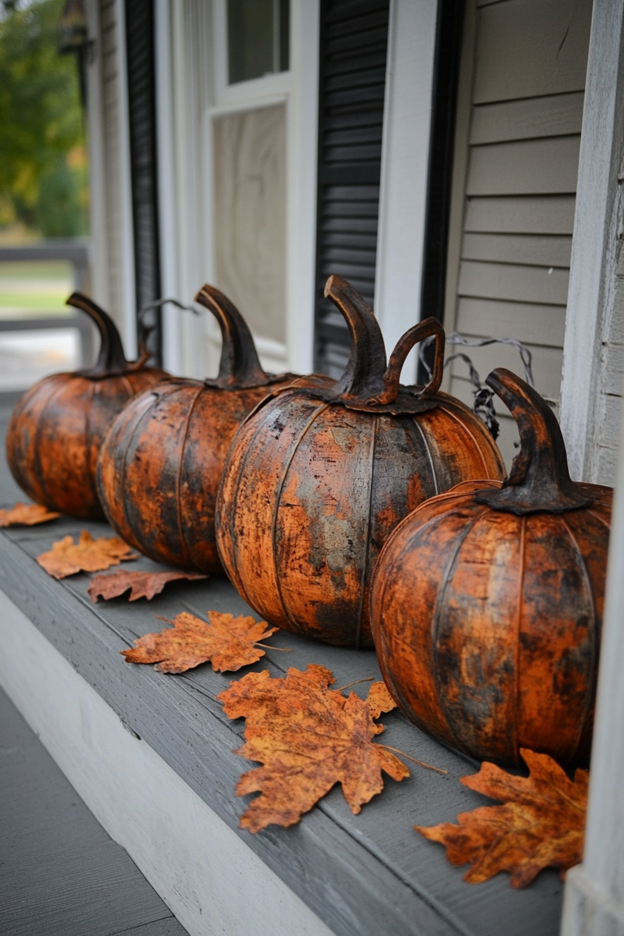 Fall porch. Multiple aged wooden pumpkins with rusted metal leaves.