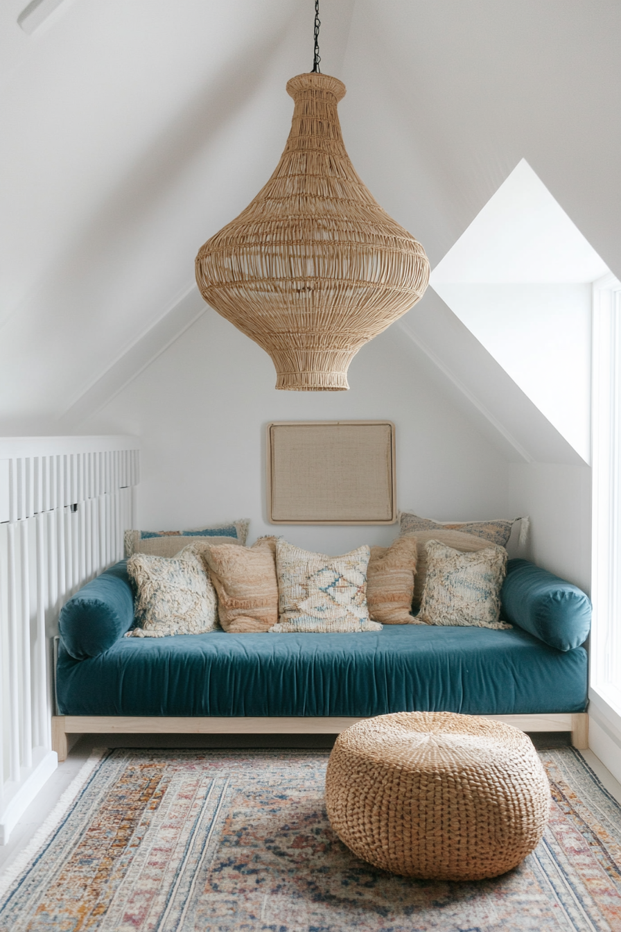 Upper level design for tiny Bohemian home with rattan sculptural chandelier and velvet teal couch.