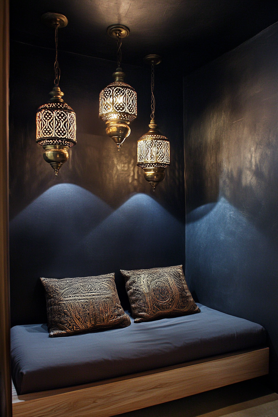 Micro bedroom concept. Brass Moroccan lanterns suspended above a sleek, oak low platform bed.