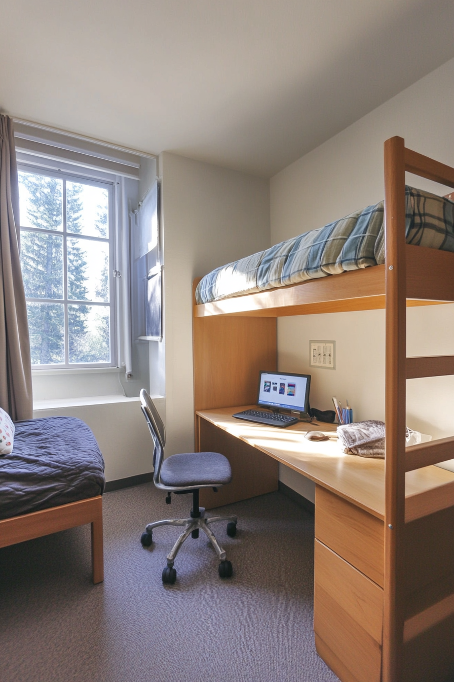 Student dorm room. Minimalistic design with bamboo desk and neutral bedding.