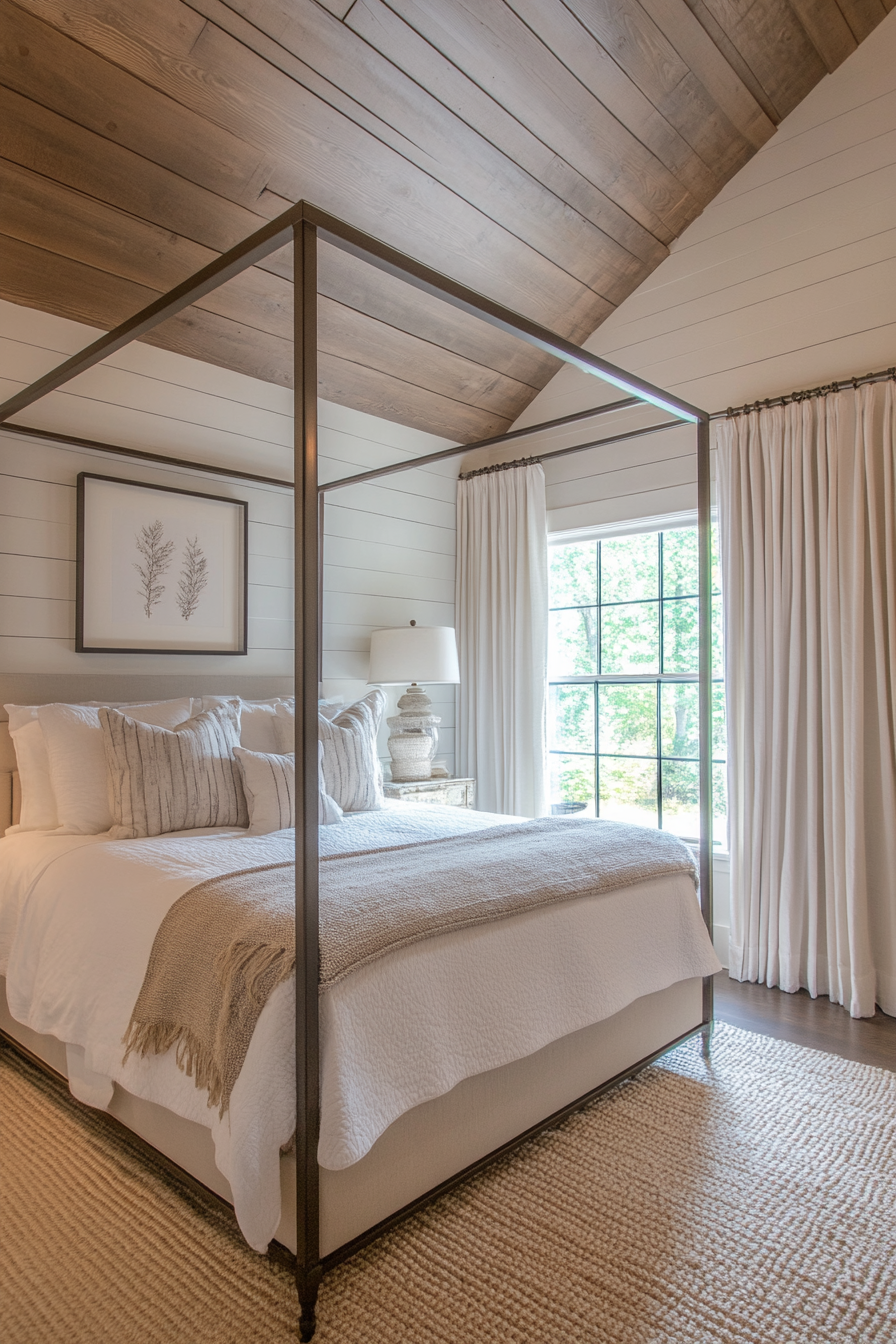 Rustic-chic bedroom. Shiplap ceilings accented with iron poster bed.