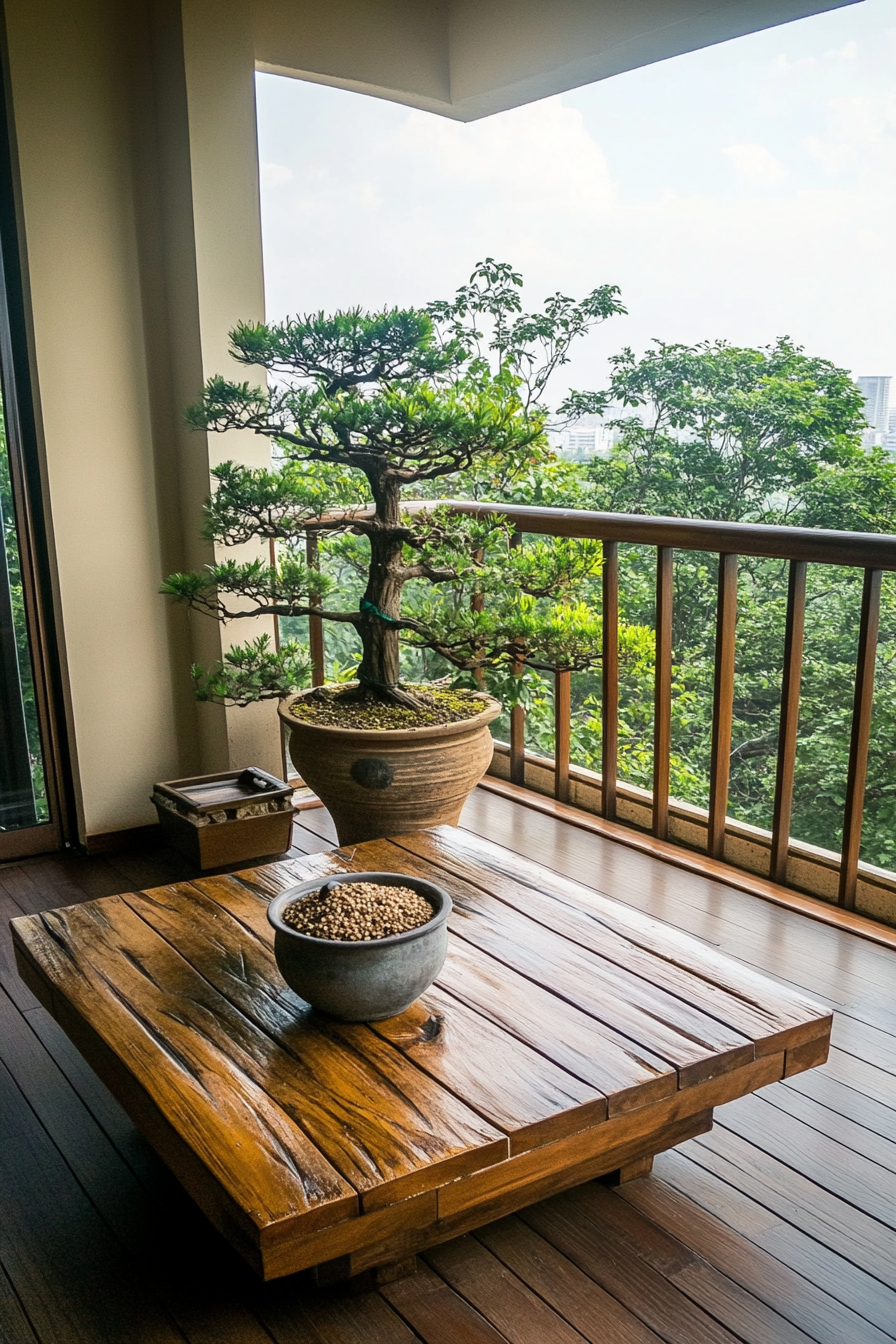 Japandi balcony design. Bamboo furniture with potted bonsai tree.