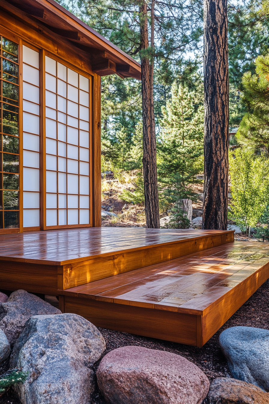 Elevated platform zen camp. Cherry wood platform with white sliding shoji screens.