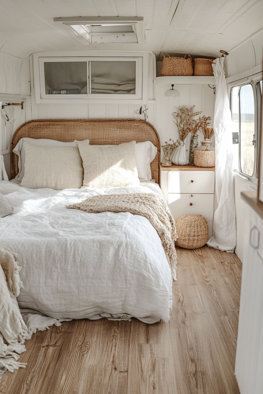 Boho coastal RV interior. Rattan headboard with whitewashed wood floors.