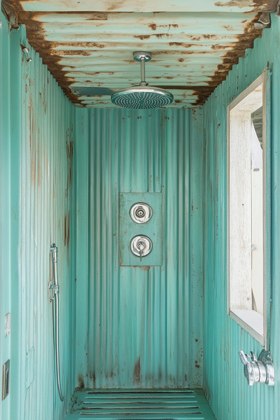 Tiny Beach House Shower. Housed in a smooth teal corrugated iron booth.