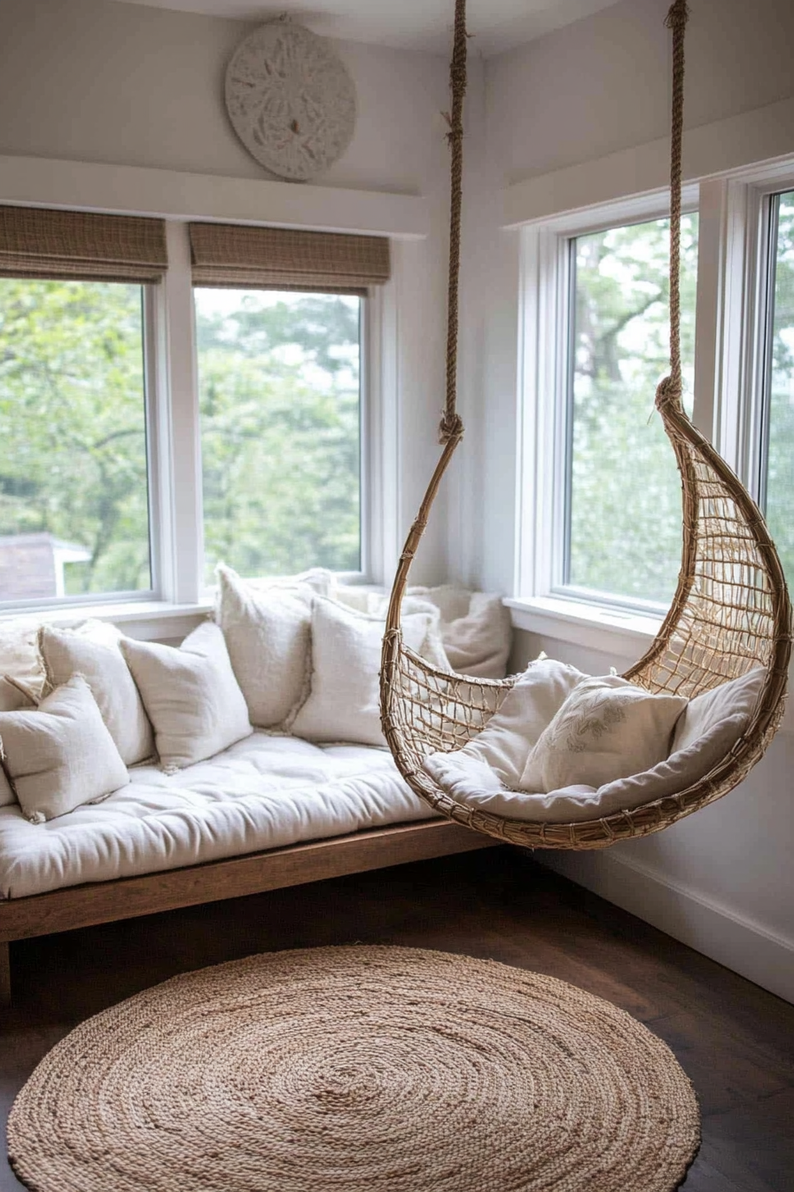 Tiny home upper level design. Velvet floor cushions with rattan hanging chair.