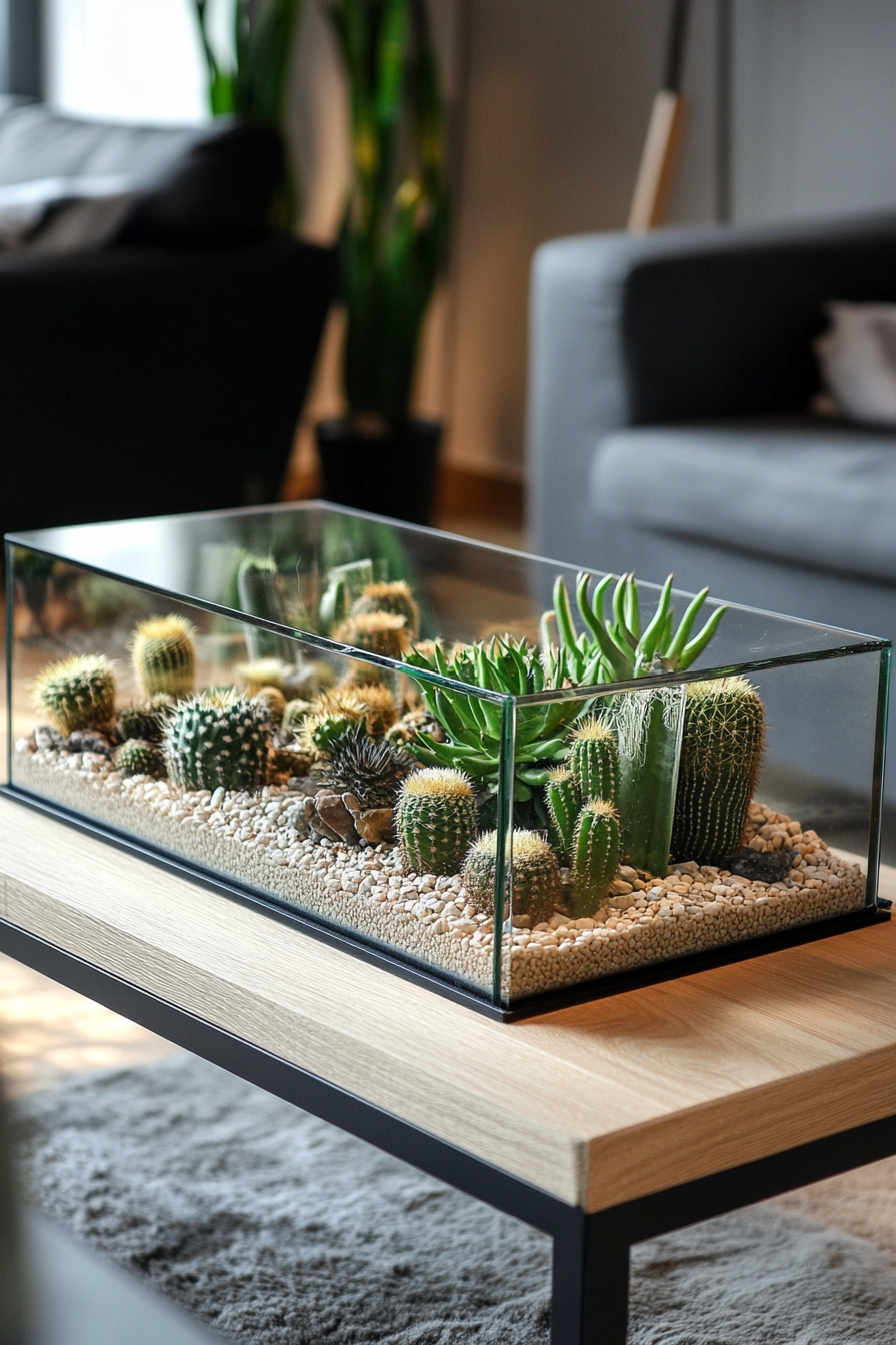 Space interior. Glass terrarium with cacti on oak coffee table.