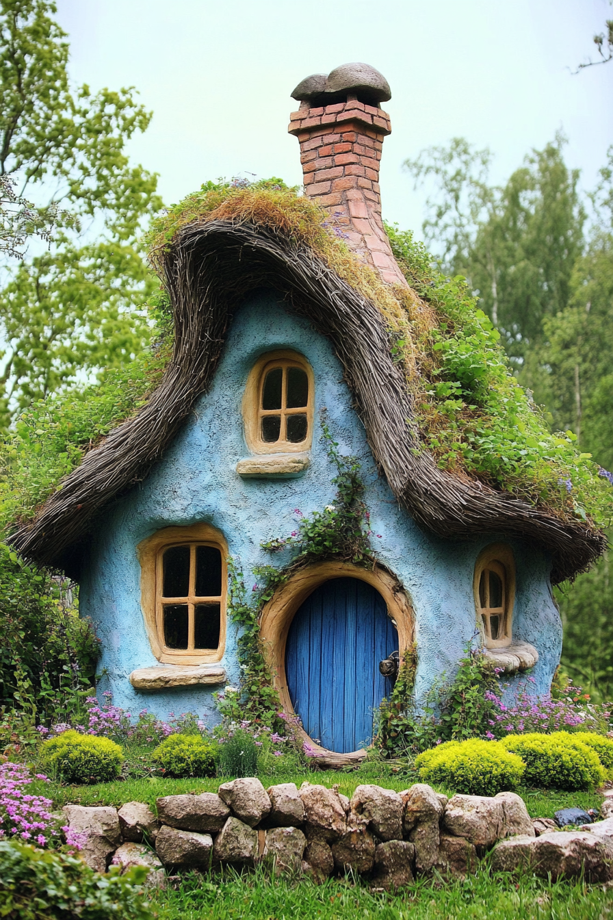 Fairytale micro home design. Crooked chimney with blue thatched roof.