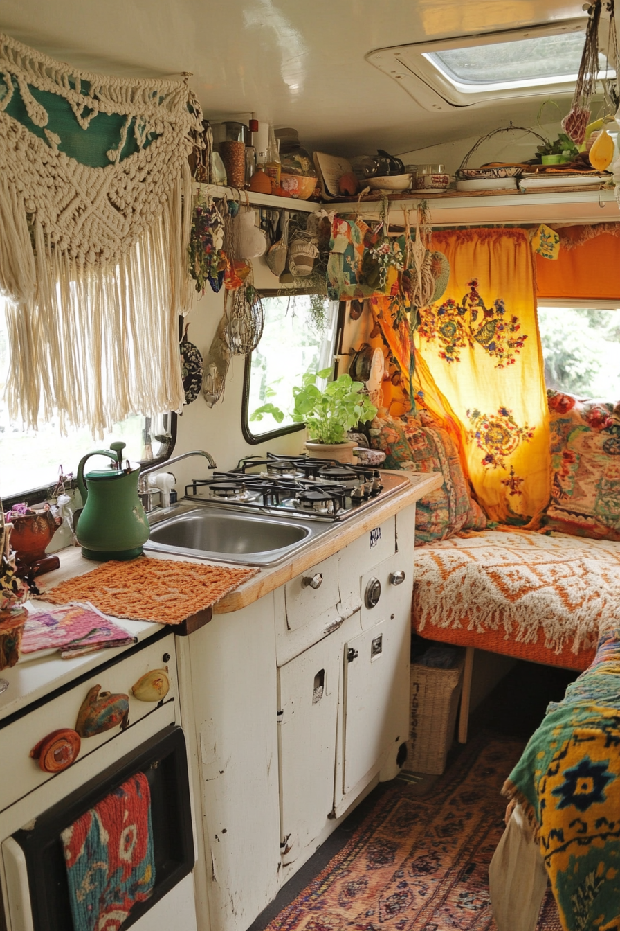 Bohemian camper kitchen. Whicker panel touch in countertops with macramé curtains.