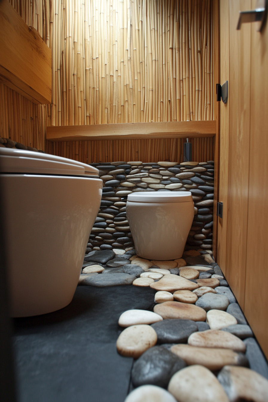 Tiny eco-bathroom concept. Smooth river rock flooring, bamboo wall panels.