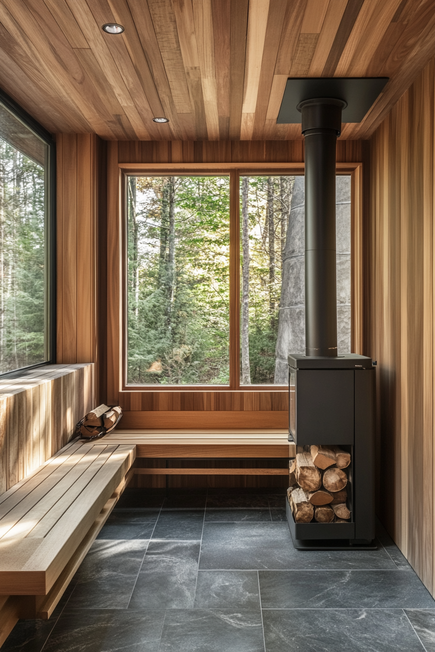 Sauna room design. Tall wood-burning stove next to a three-tiered cedar bench.