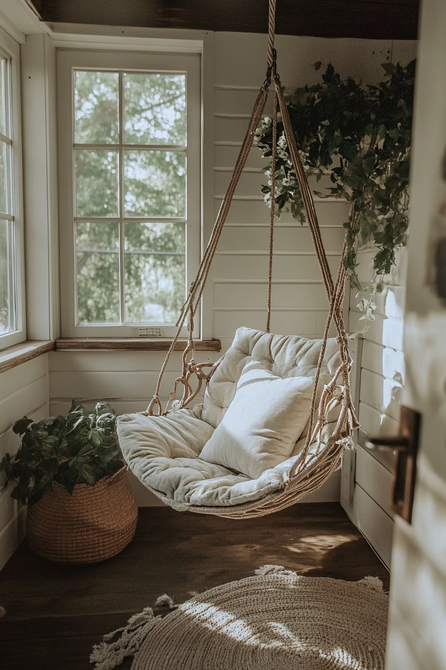 Bohemian tiny house upper level design. Velvet hanging swing chair with rattan accents.