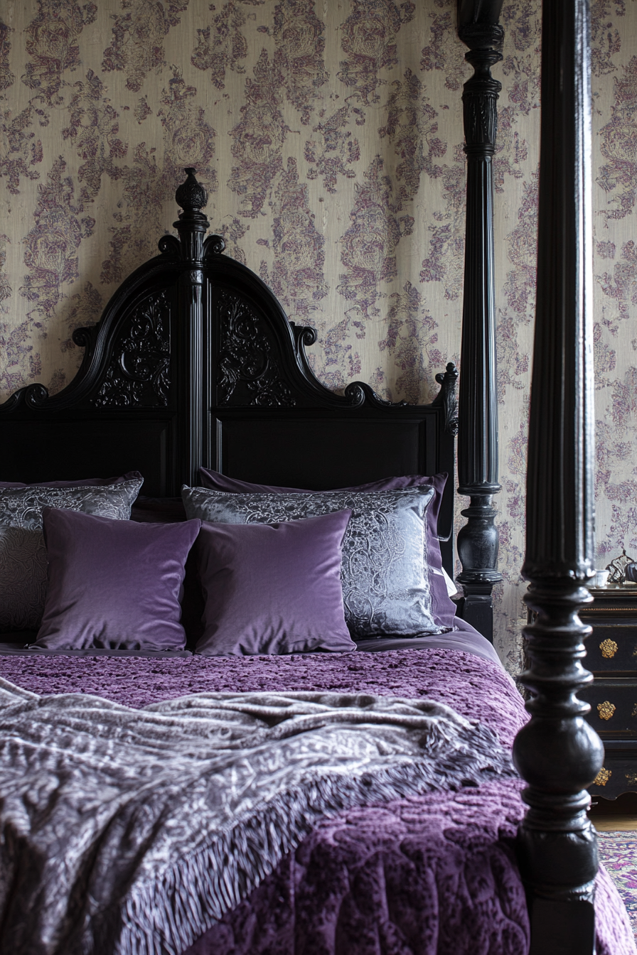 Gothic-Pastel Bedroom. Black four-poster bed with lilac and silver bedding.