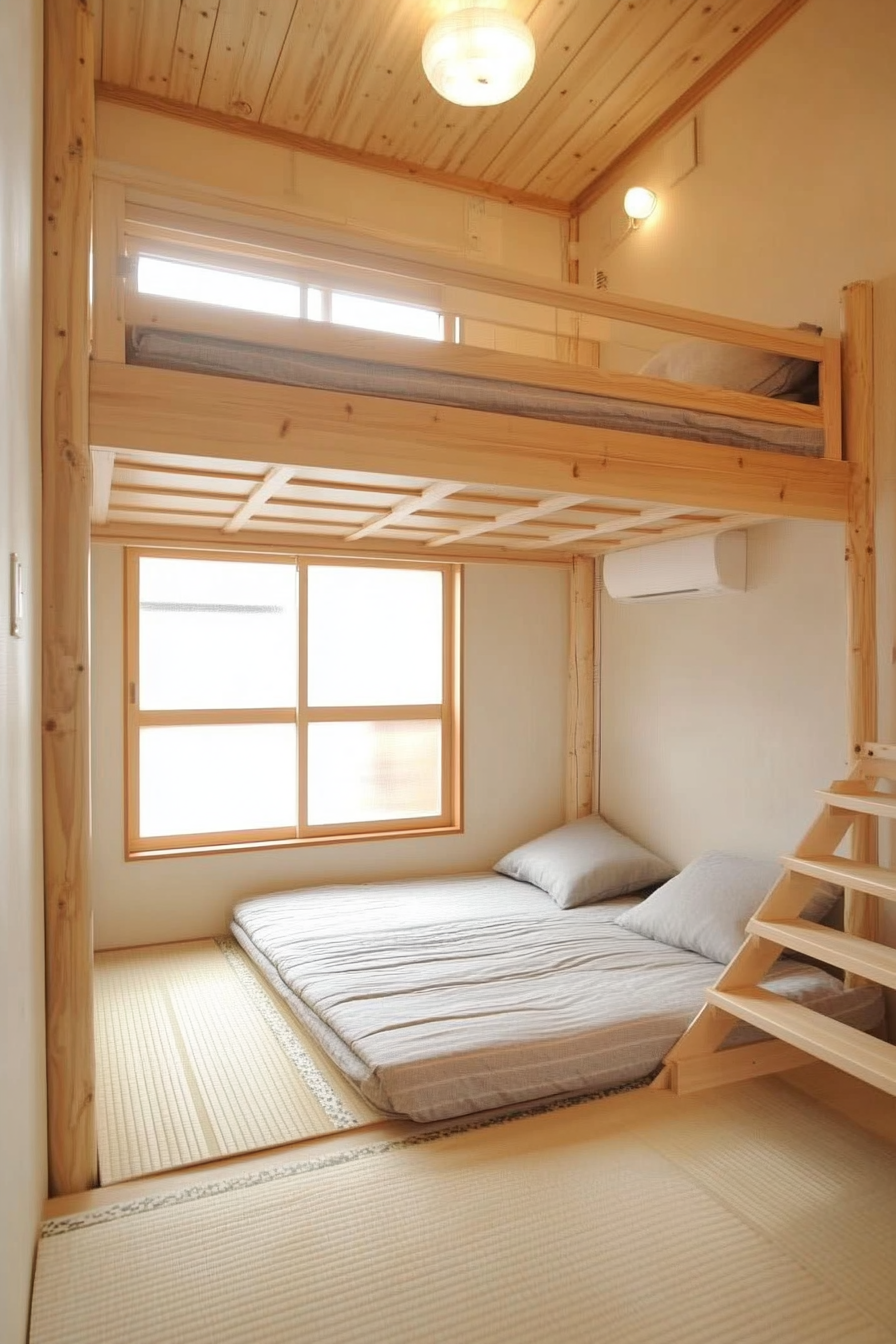 Student dorm room. Wooden loft bed in soft grey tones with minimalist tatami mat floor.