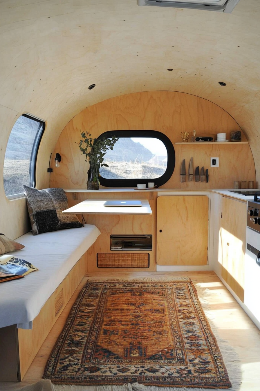 Remote work camper interior. Plywood workspace by a sleek white kitchenette.