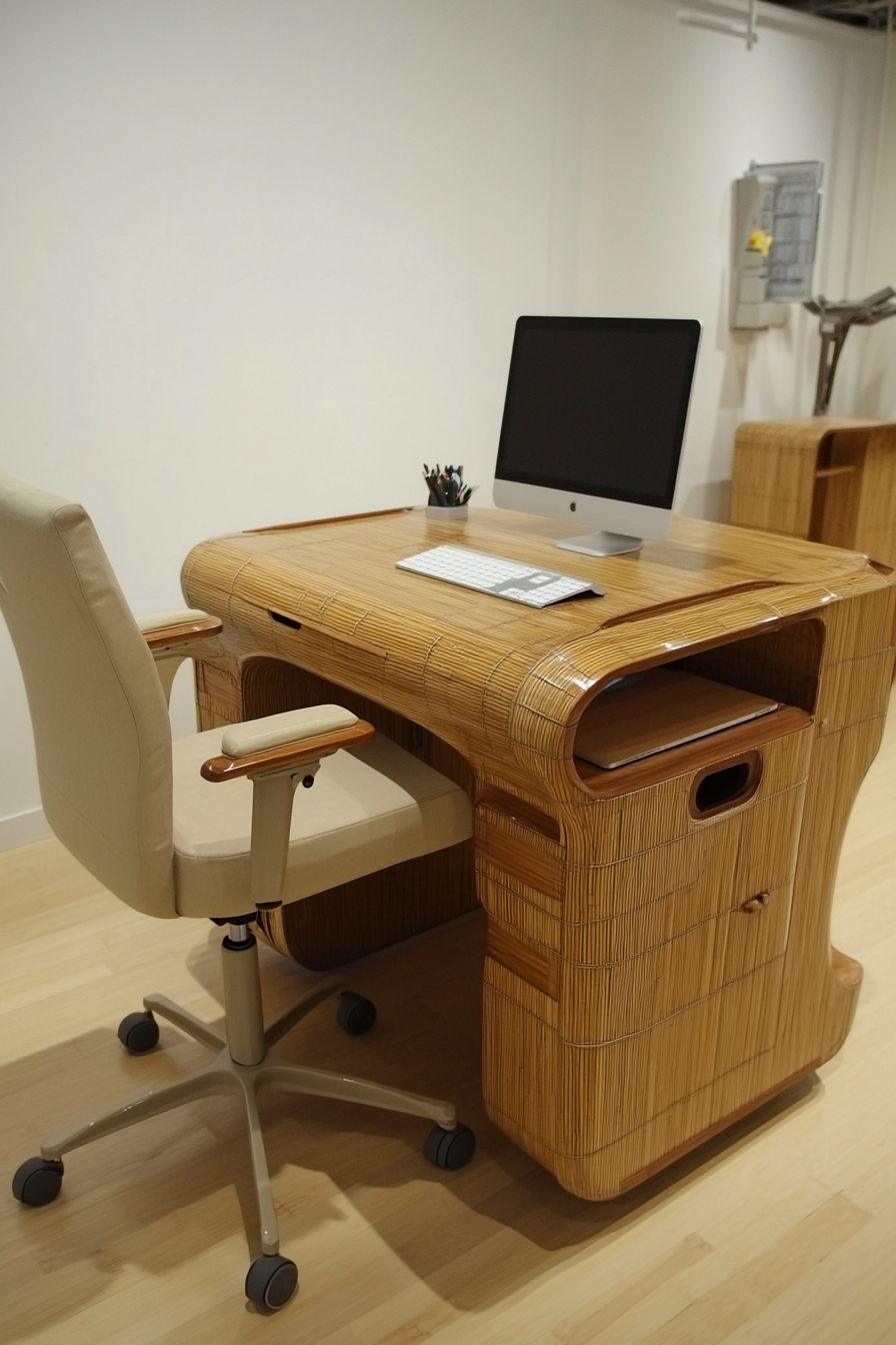 Mobile workspace design. Bamboo desk with beige ergonomic chair.