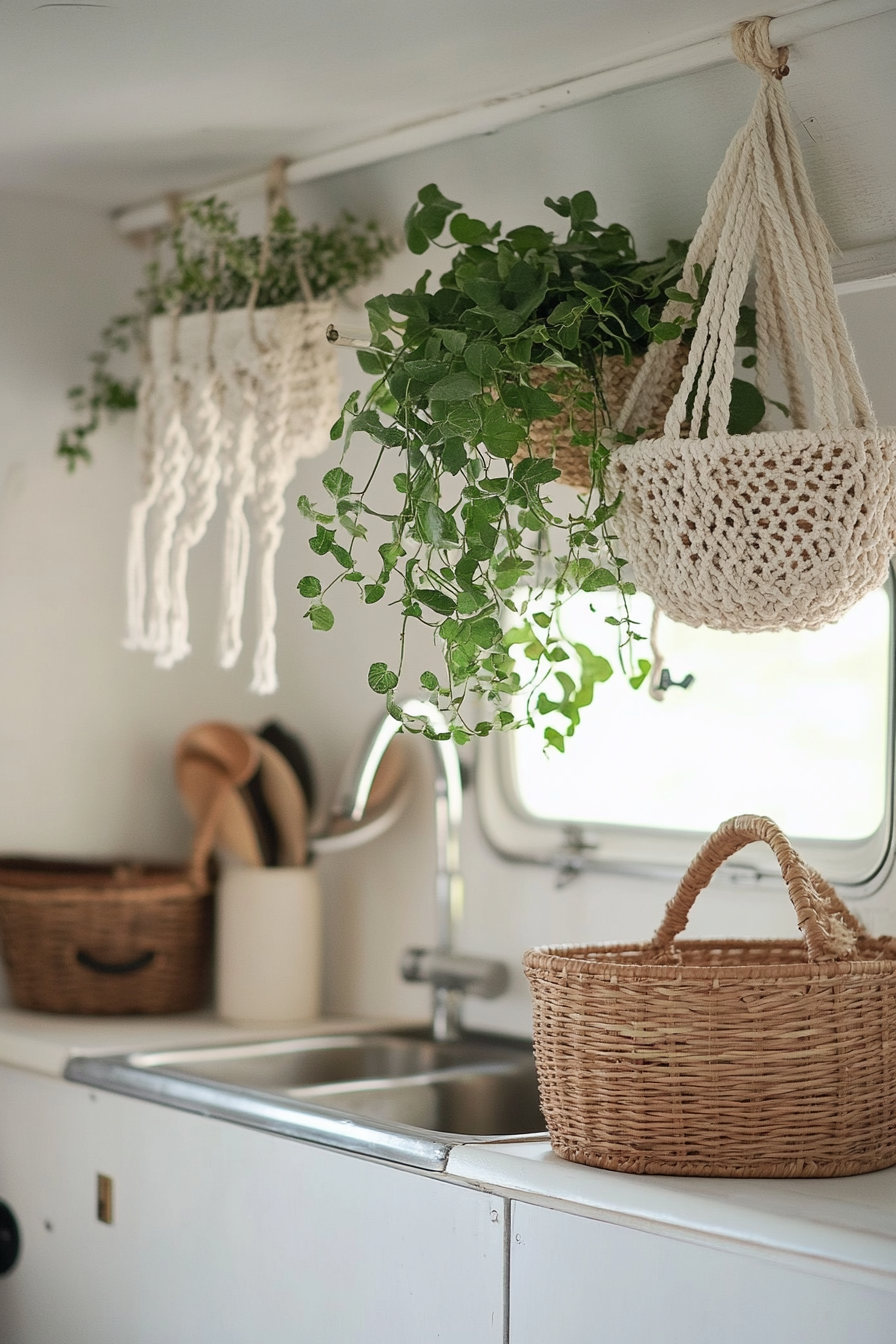 Camper Kitchen. Macramé plant hanger and rattan storage baskets.