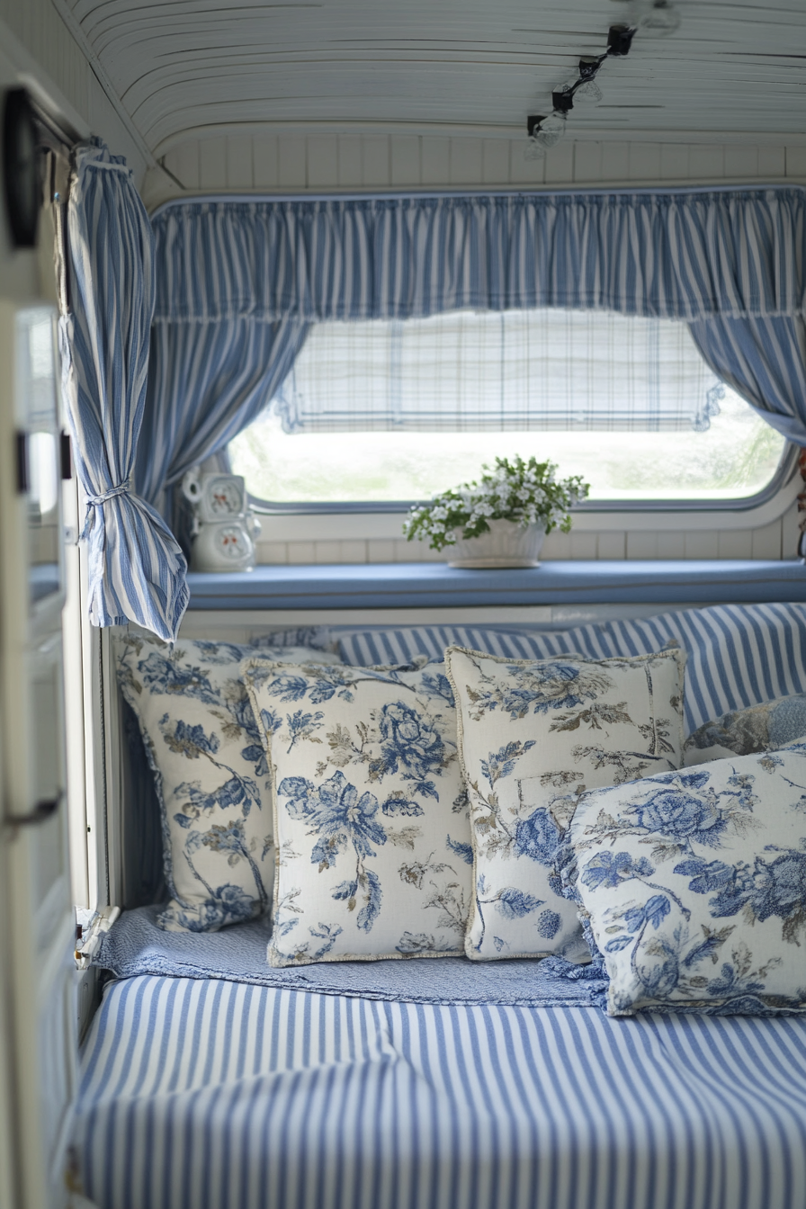 Seaside-inspired camper design. Light blue chintz fabric with white striped accents.