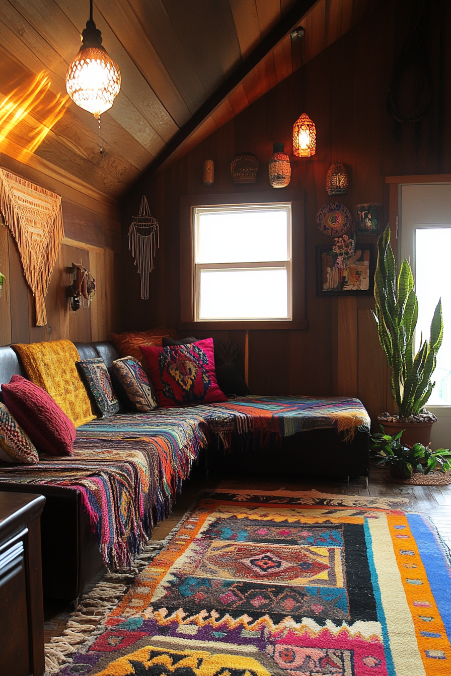 Tiny home decor. Multicolored Moroccan rug in heavily natural lit main room.