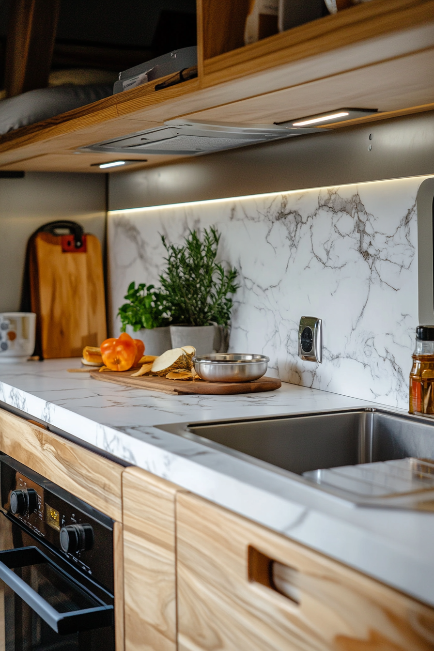 Remote work camper interior. White marble countertop with plywood cabinet and stainless steel accents.