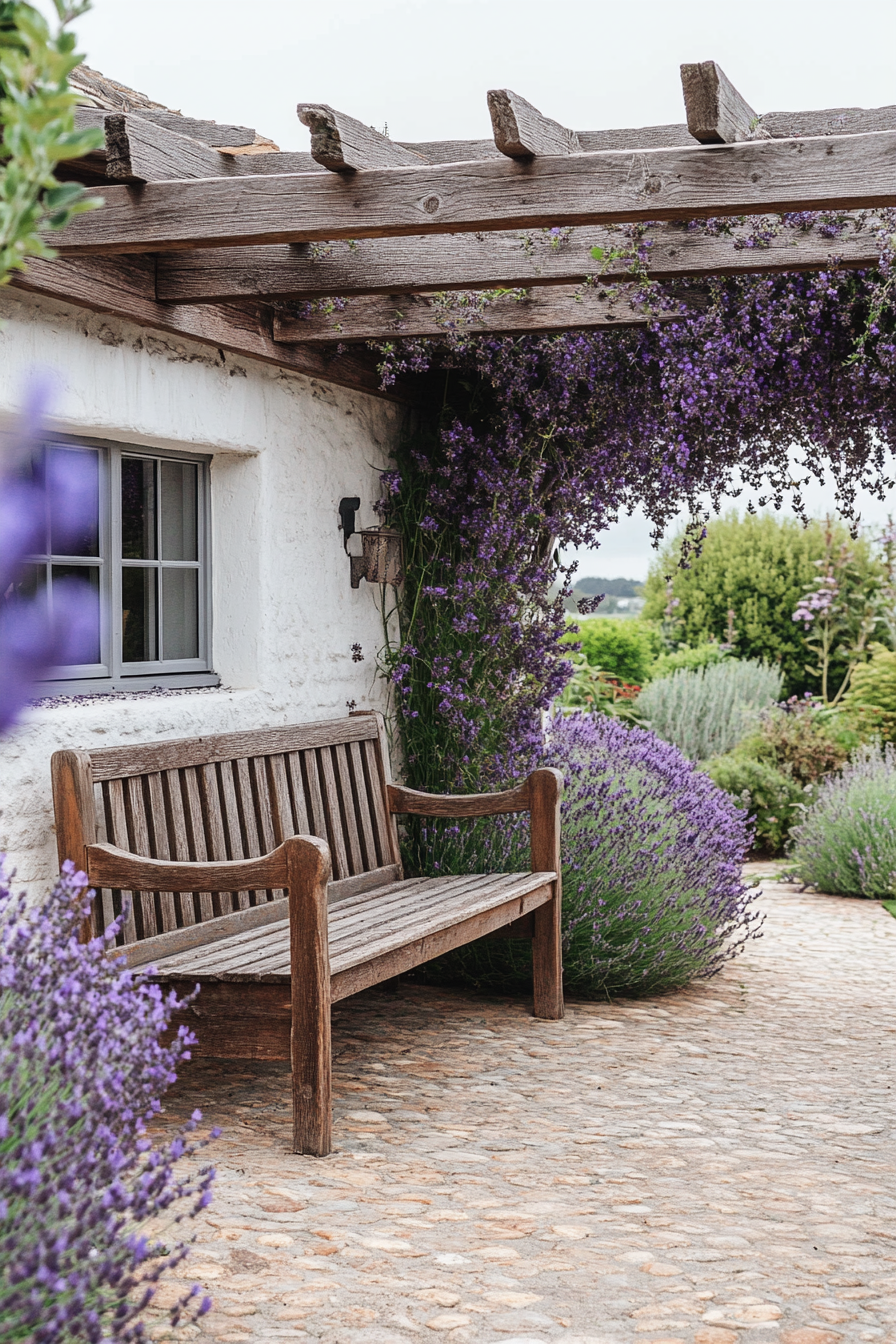 Cottagecore outdoor space. Rustic wooden bench under a blooming lavender arch.