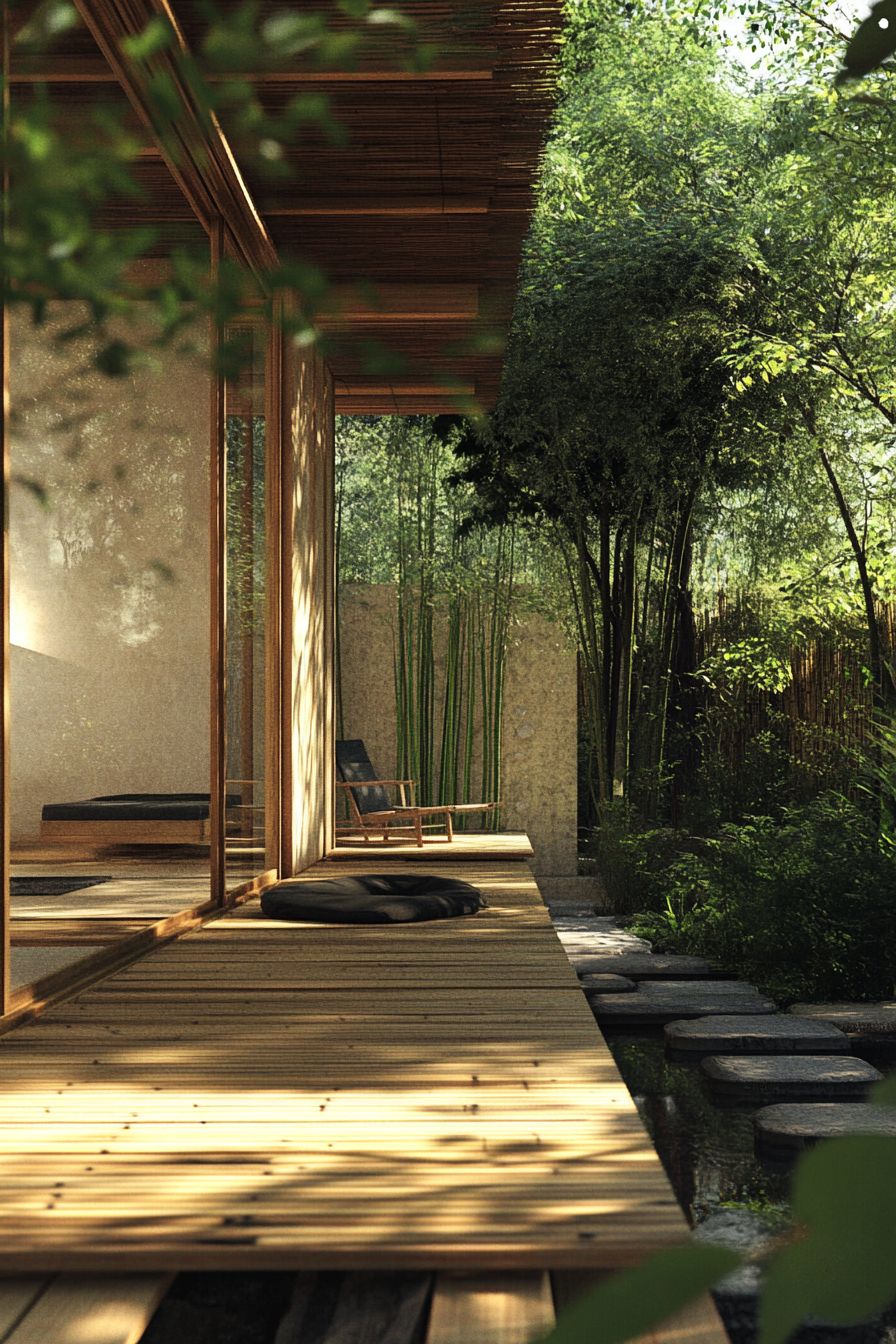 Elevated platform, Zen camp concept. Flat wooden boards, surrounding bamboo trees, sliding Shoji screens.