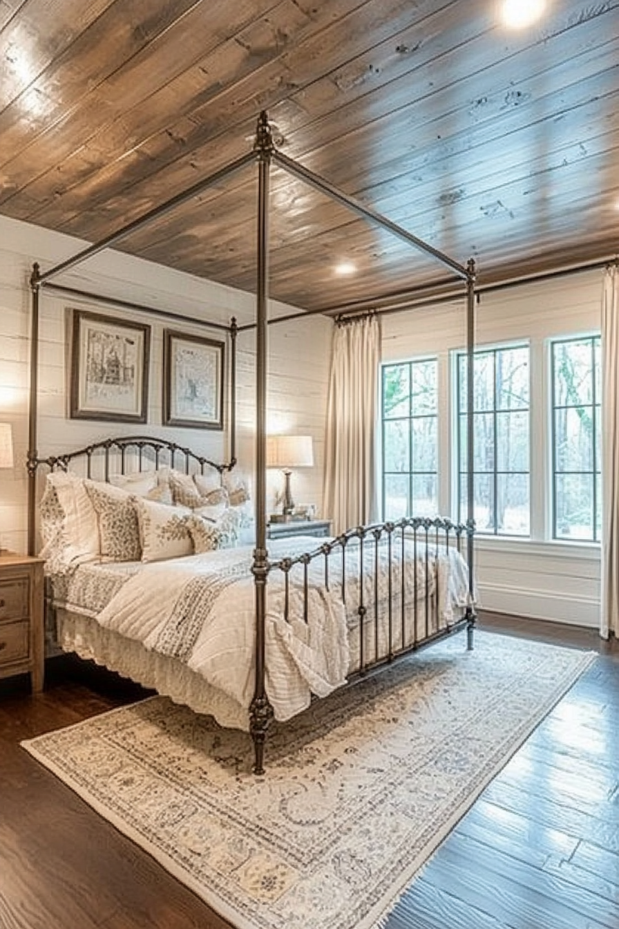 Rustic-chic bedroom. shiplap ceiling, iron canopy bed frame, quilted cream comforter.