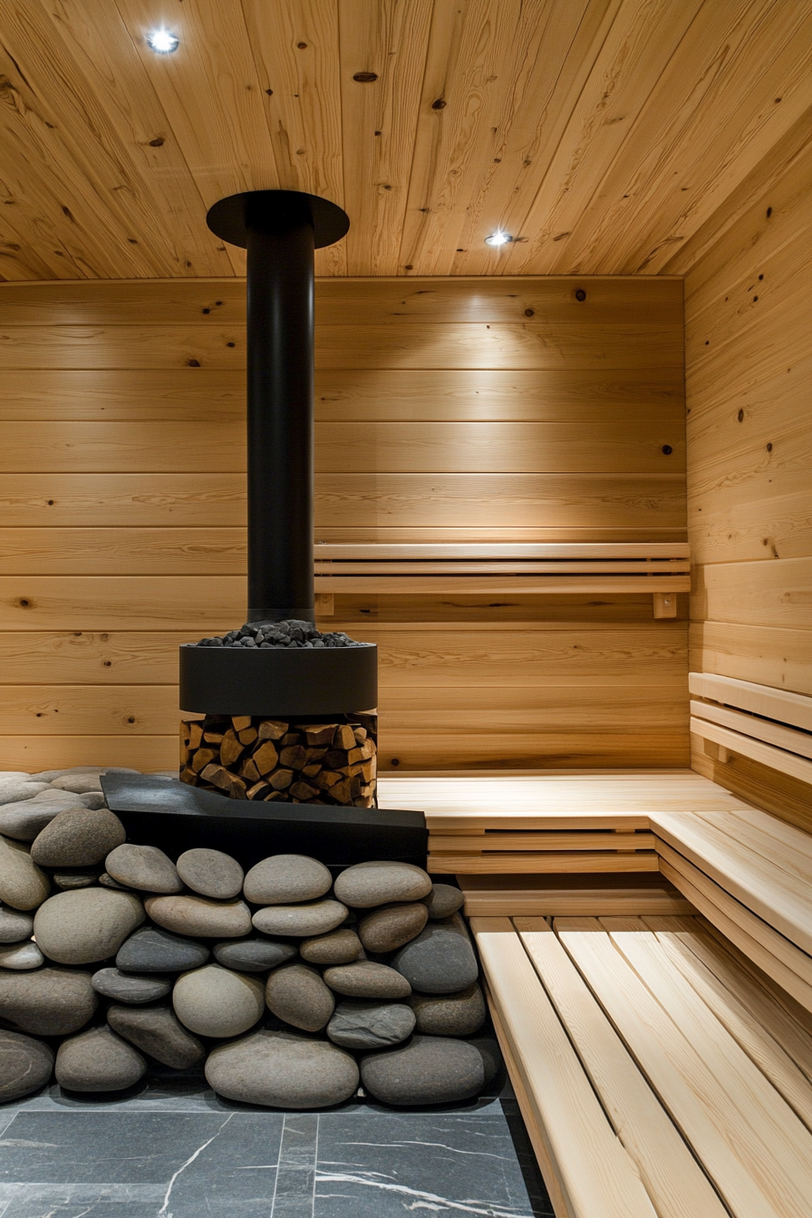 Sauna room design. Wood-burning stove with stacked river stones and three-tiered pine bench.