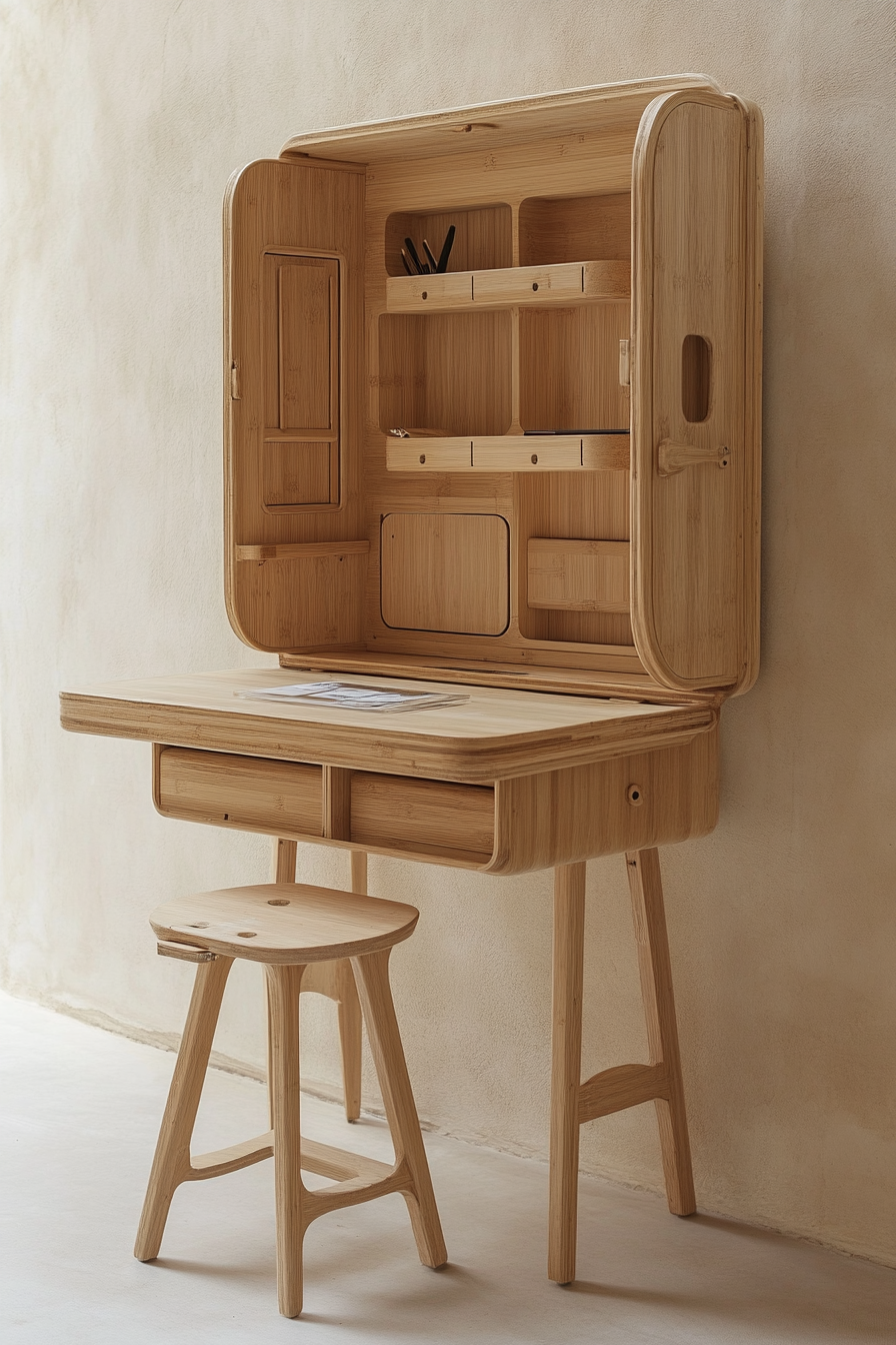 Mobile workspace design. Bamboo desk by a beige wall.