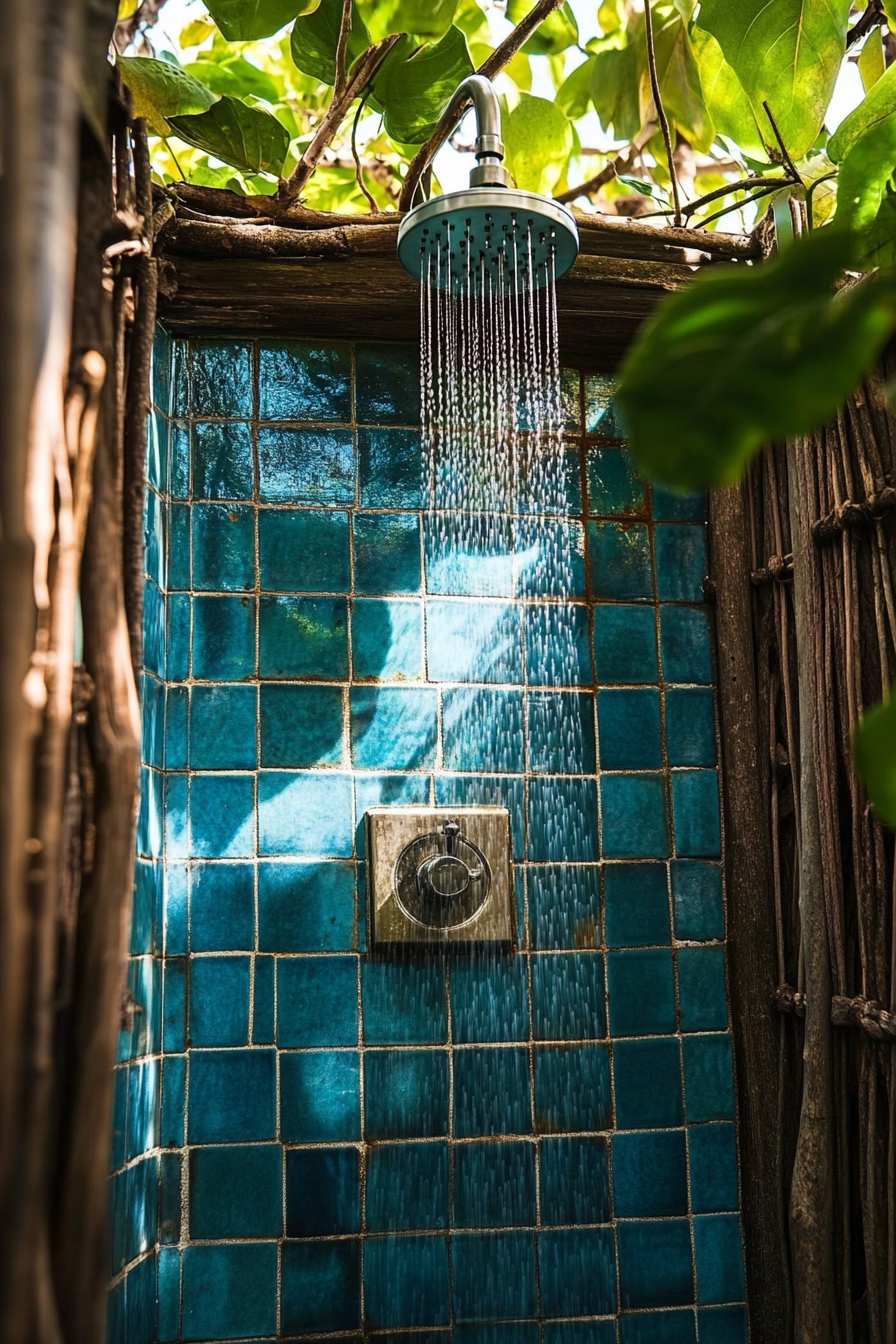 Tiny beach house shower. Blue-tiled outdoor, rainfall shower head.