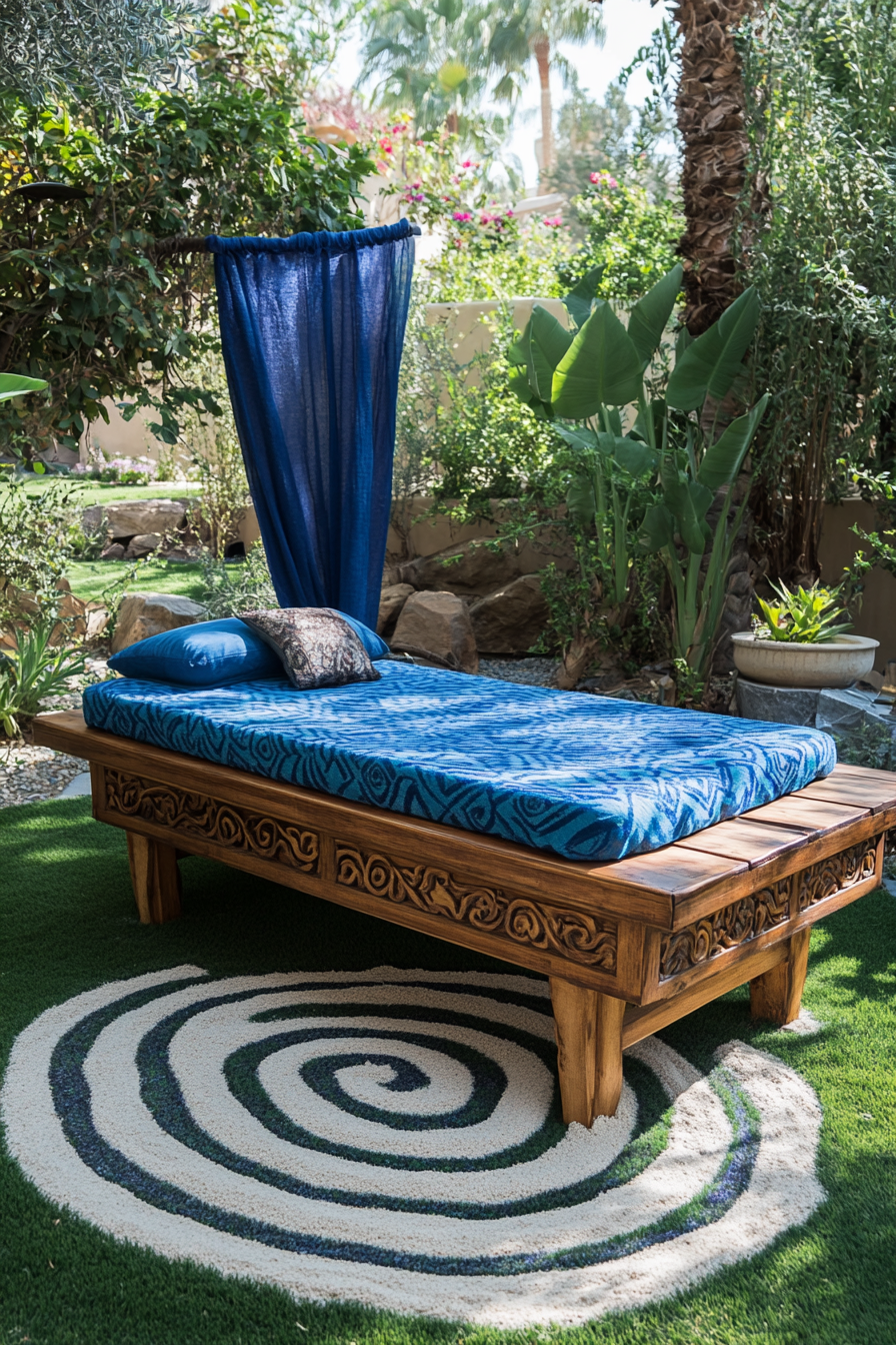 Outdoor massage table. Antique wood with azure drapery. Meditation labyrinth layout. Sand designs over turf.