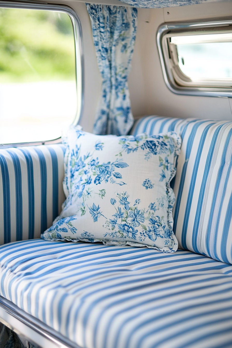 Seaside-inspired camper design. Chintz upholstery with blue and white stripes.