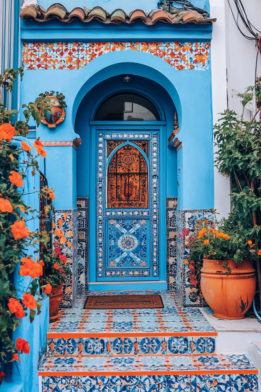 Tiny home facade trim design. Colorful Moroccan patterned tiles.