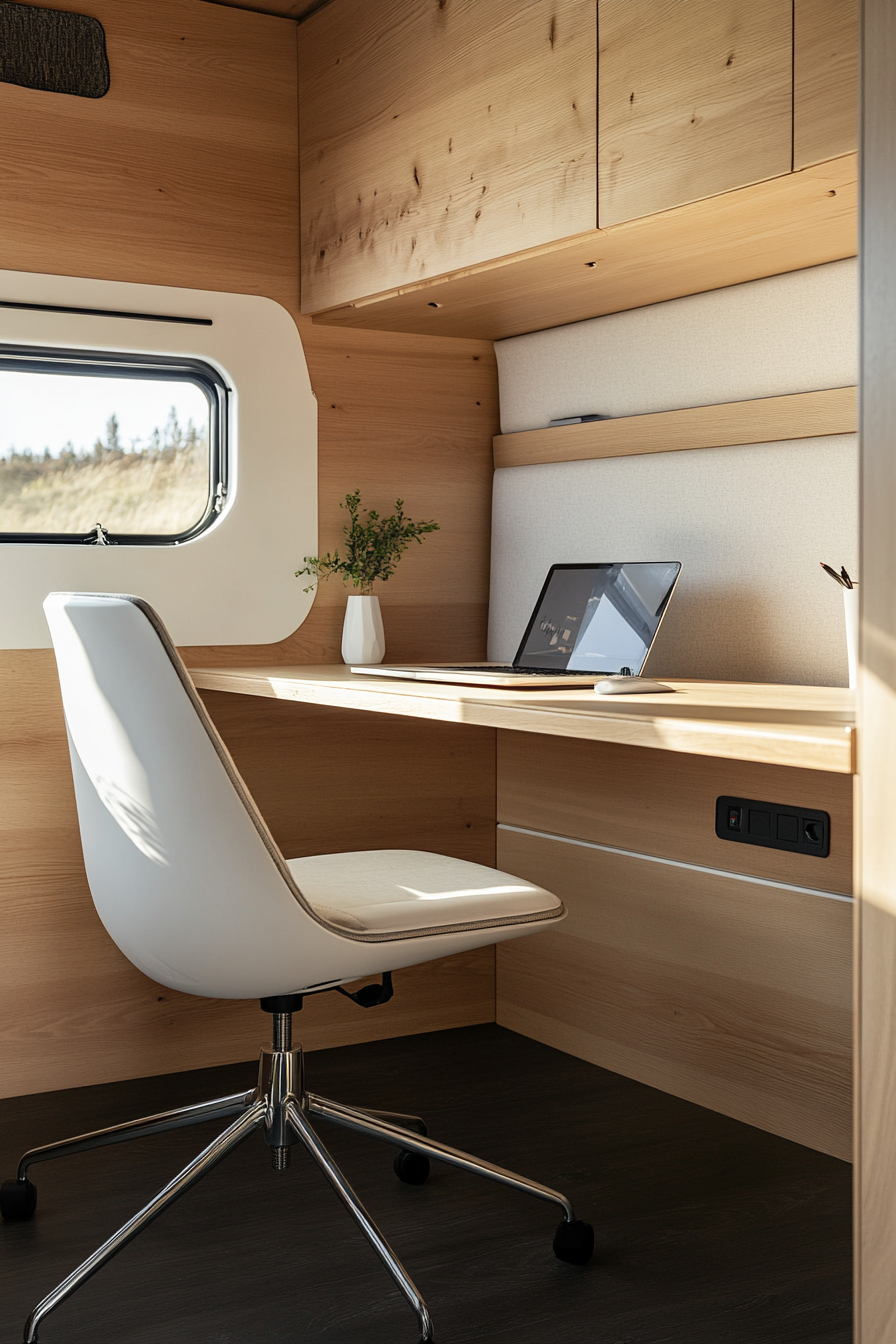 Remote work camper interior. Plywood desk with sleek white office chair.