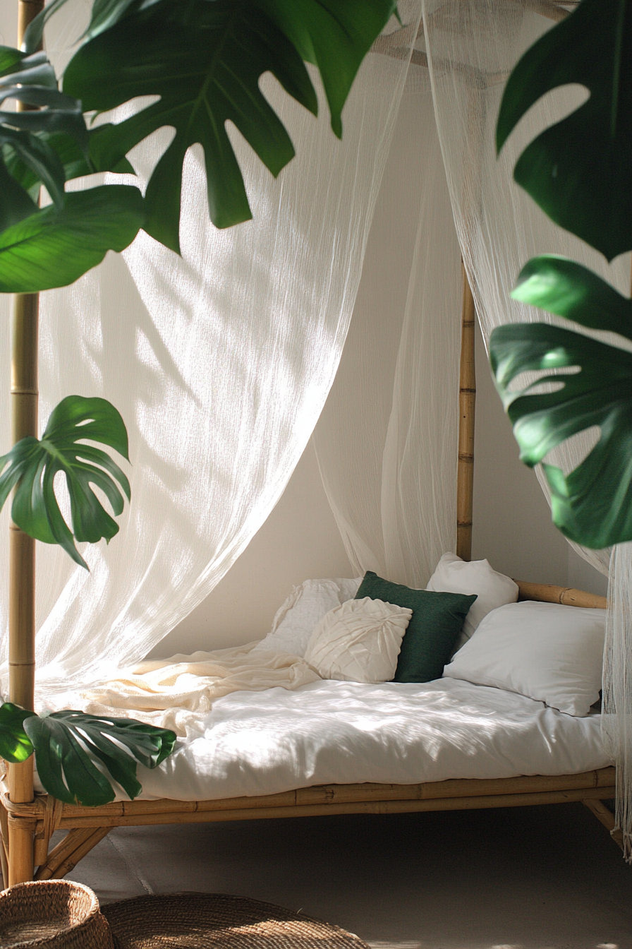 Sleeping nook. Mosquito net drapes, bamboo bed frame and monstera plant.